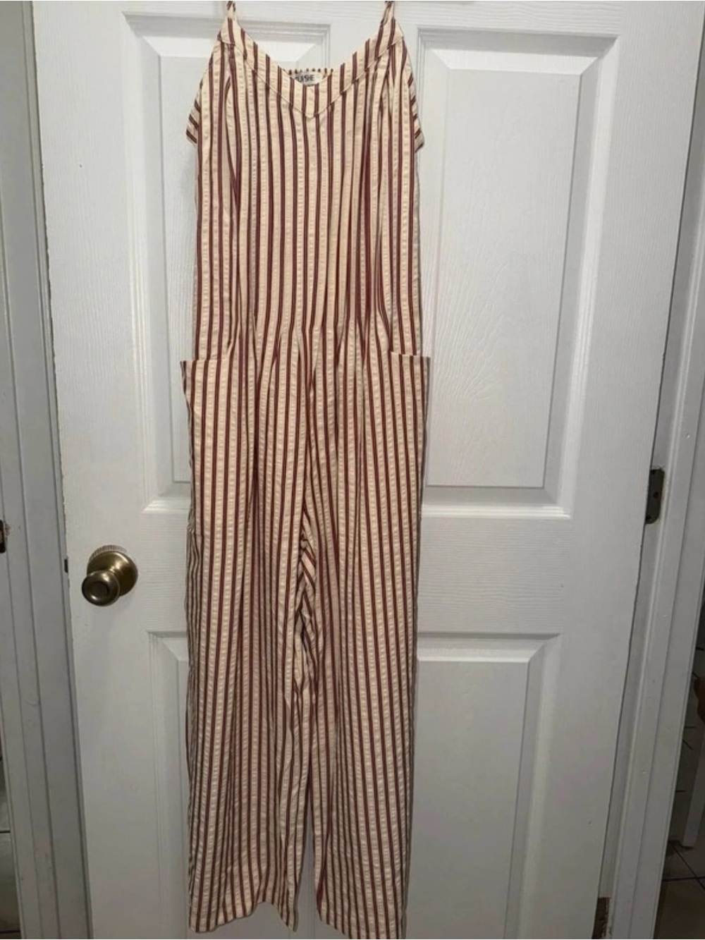 Cupshe Cream and Brown Vertical Stripe Wide-Leg Jumpsuit